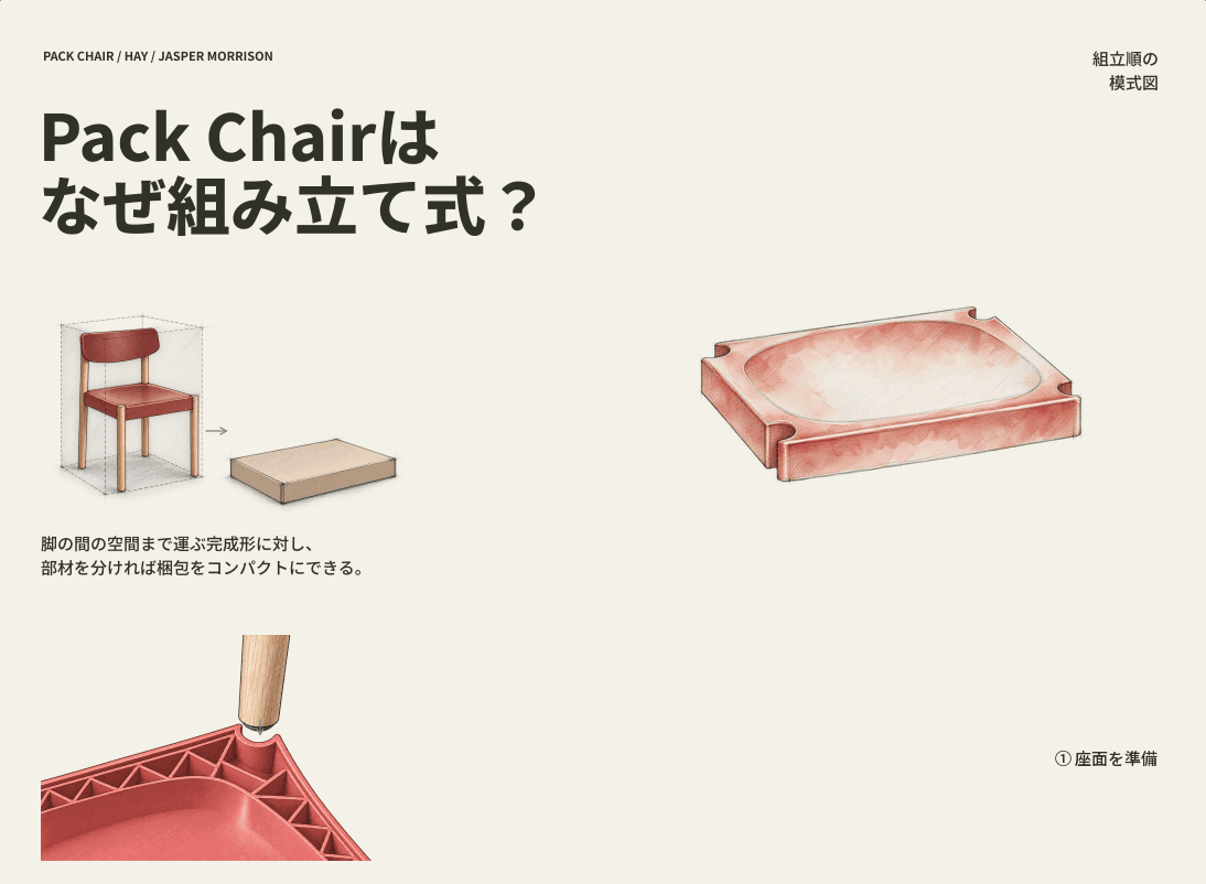 Pack Chairの部材が組み上がる様子と、梱包・座面の接合部を示す図解
