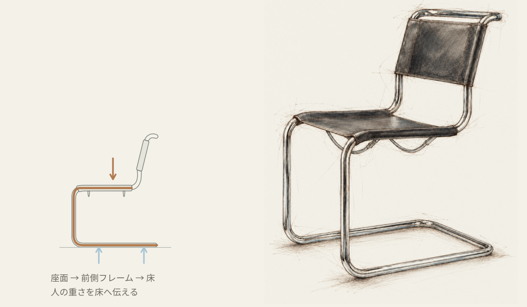 後ろ脚のないS33のスケッチが描き上がり、座面から前側フレームと床へ重さを伝える経路が見える