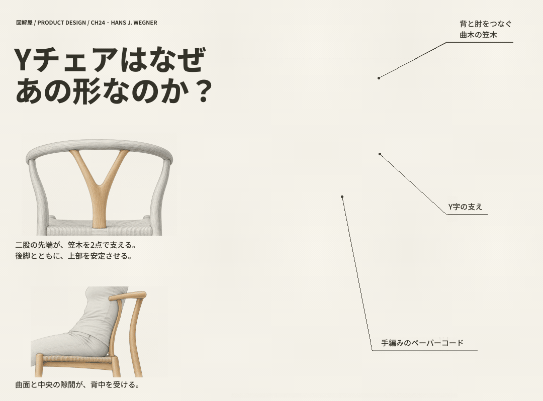 Yチェアの主図が線画から着彩スケッチへ仕上がるアニメーション。Y字の支え、曲木、手編み座面を解説