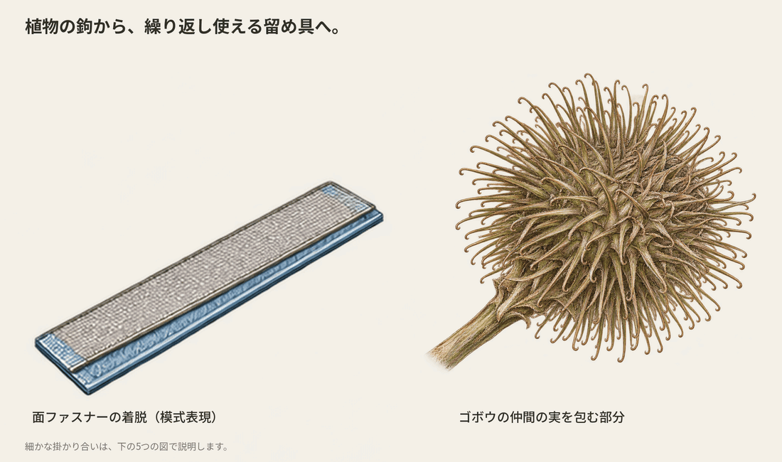 ゴボウの仲間の実を包む部分と、繰り返し付け外しする面ファスナーのイラスト