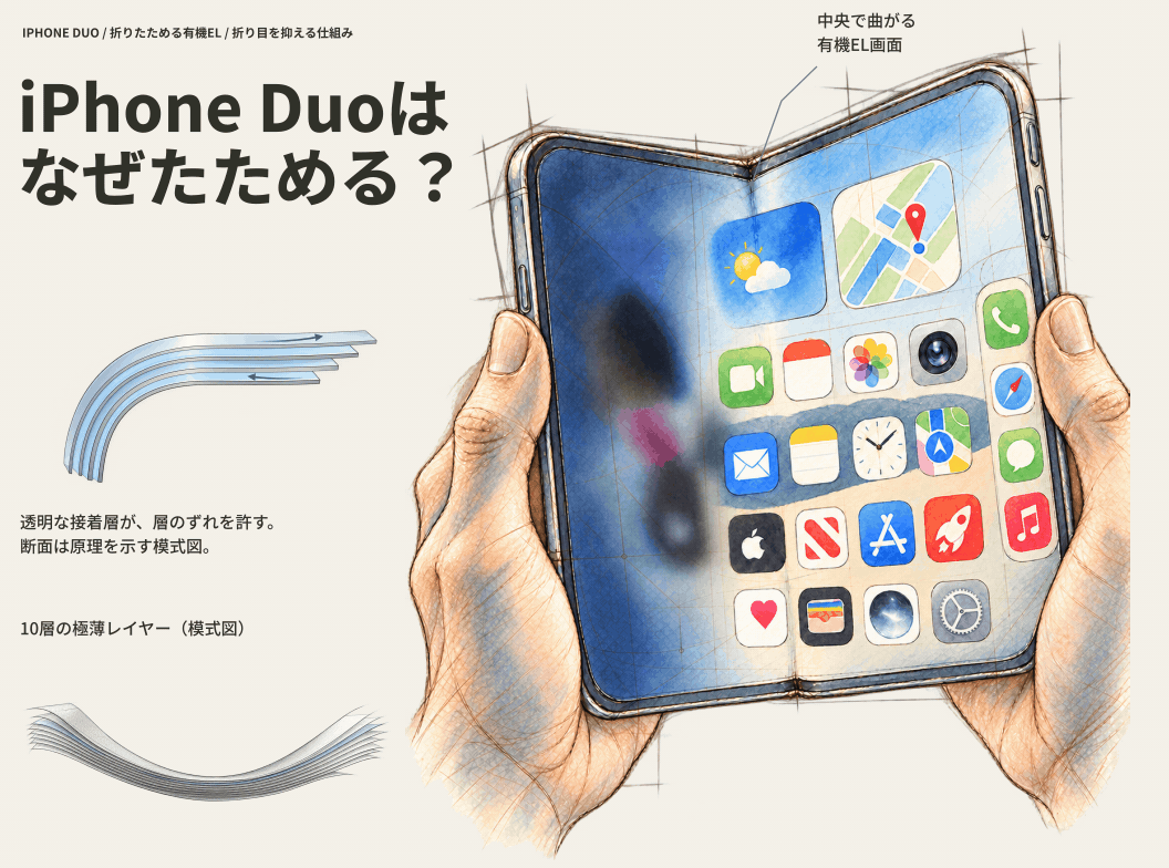 iPhone Duoの折りたたみ画面がヒンジを軸に少し開いて戻る。透明な接着層と10層の極薄レイヤーの模式図を添えた上段図解