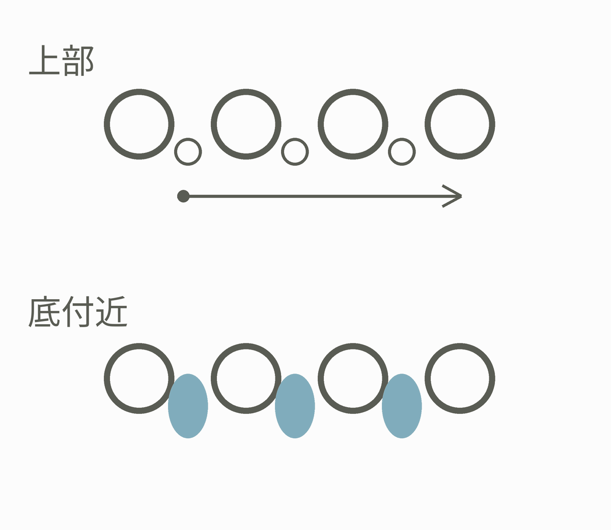 同じ粒のすき間を水と空気が分け合う拡大模式図