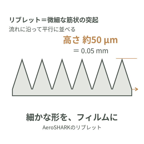 人工フィルム上のリブレットの高さ約50マイクロメートルを示す断面模式図