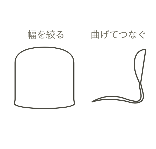 成形の難所で幅を絞る形の工夫と、座から背につながる曲面を示す図