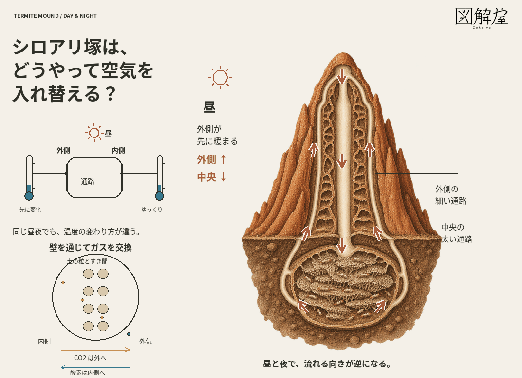 シロアリ塚の内部循環と土の壁を通るガス交換を示す模式アニメーション